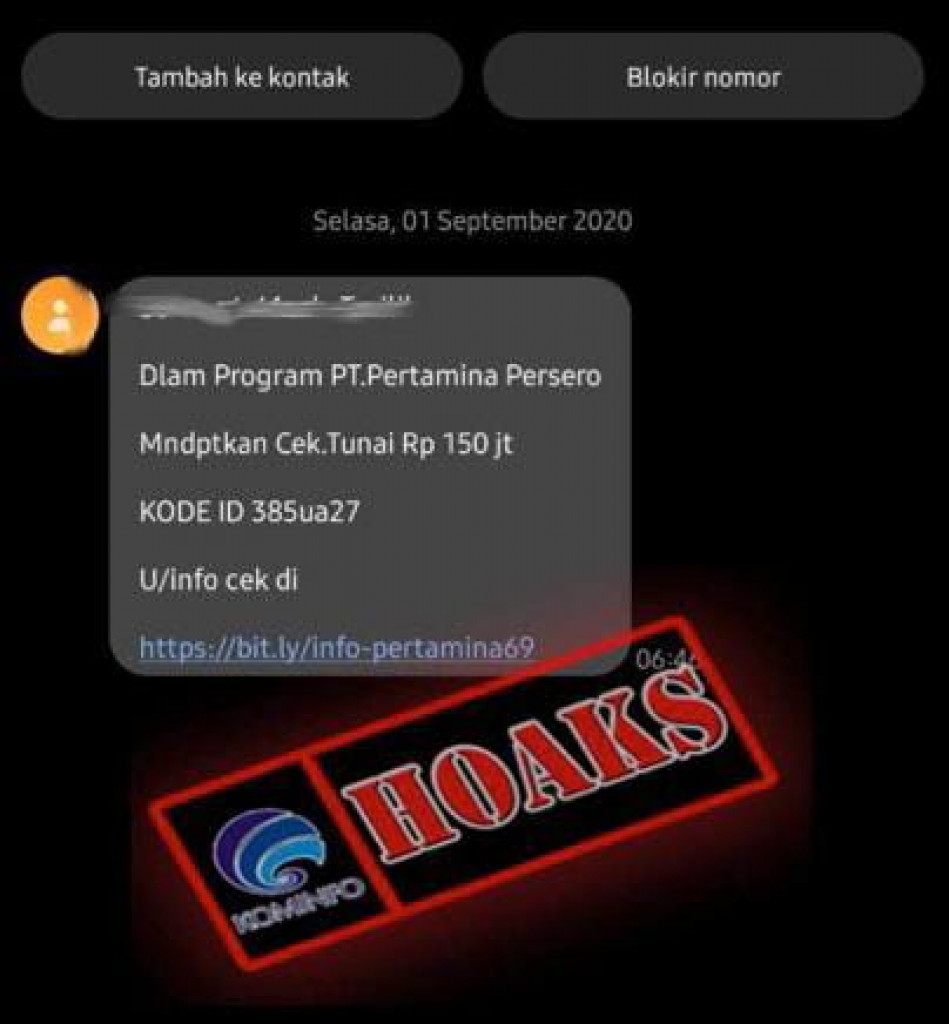 [HOAKS] Pertamina Bagi-bagi Cek Tunai Rp150 Juta Lewat SMS